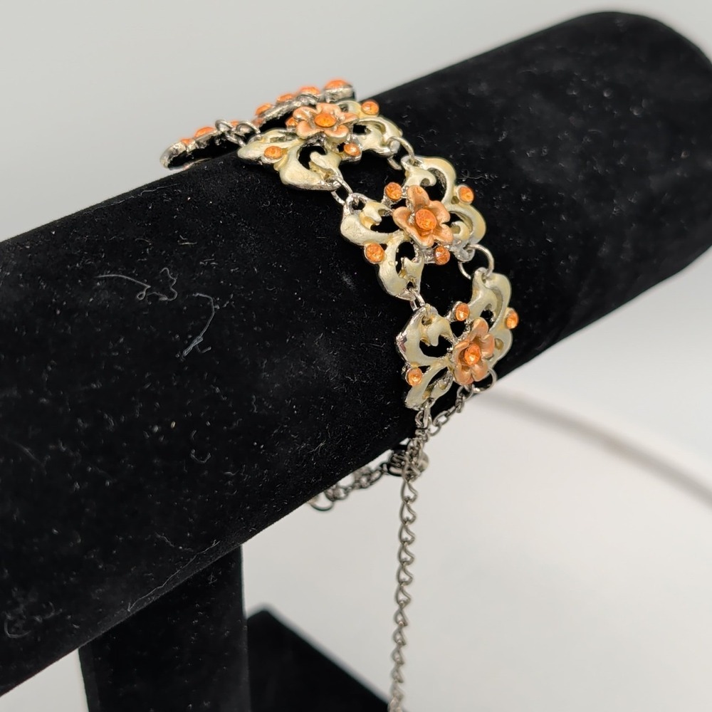 Gold And Silver Tone Enamel Butterfly Floral Link Bracelet Orange Rhinestone - Picture 16 of 16